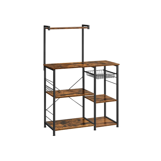 Baker's Rack – Wood and Metal – Rustic Brown – Kitchen Utility Storage with Wire Basket and S-Hooks