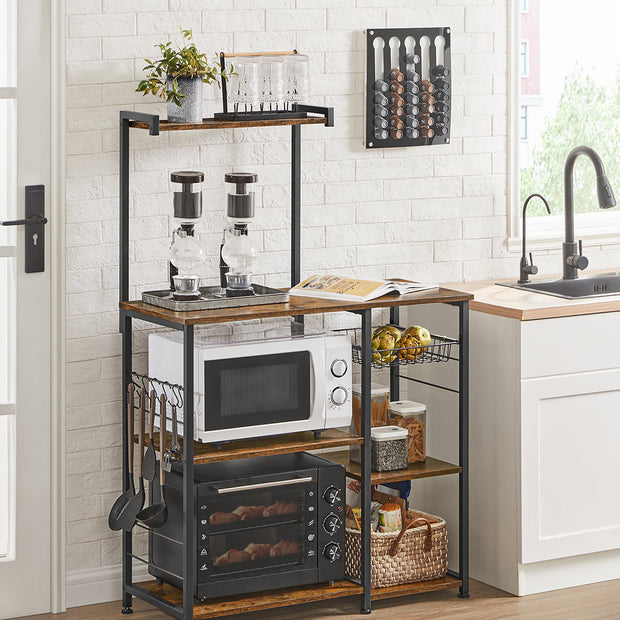 Baker's Rack – Wood and Metal – Rustic Brown – Kitchen Utility Storage with Wire Basket and S-Hooks