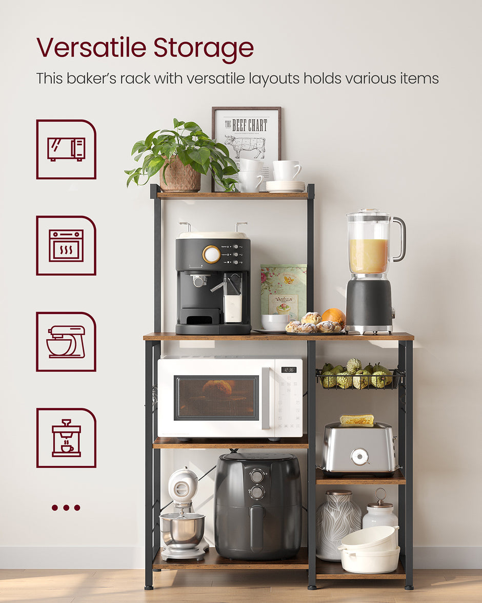 Baker's Rack – Wood and Metal – Rustic Brown – Kitchen Utility Storage with Wire Basket and S-Hooks