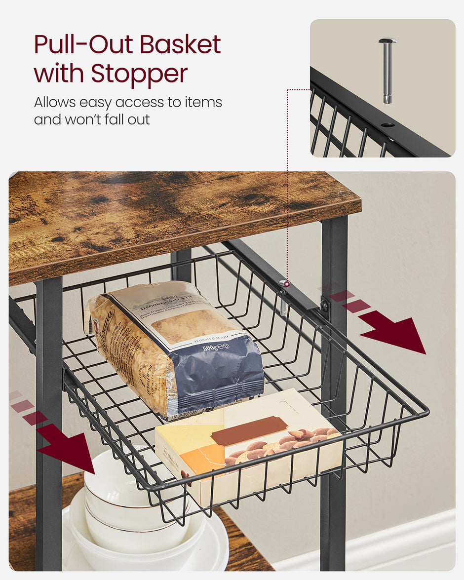 Baker's Rack – Wood and Metal – Rustic Brown – Kitchen Utility Storage with Wire Basket and S-Hooks