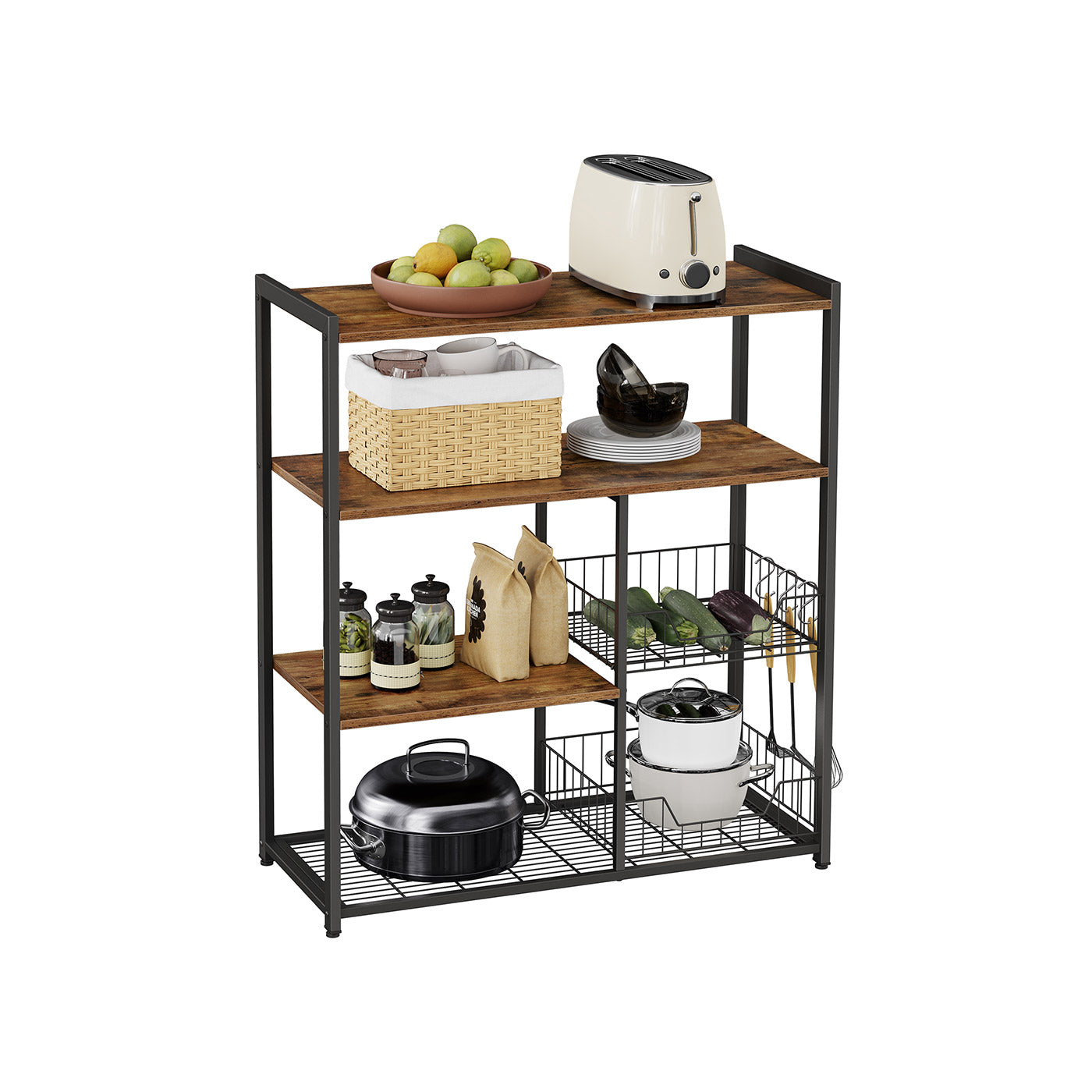 Baker's Rack – Metal – Rustic Brown – Includes 2 Mesh Baskets, Shelves, and Hooks