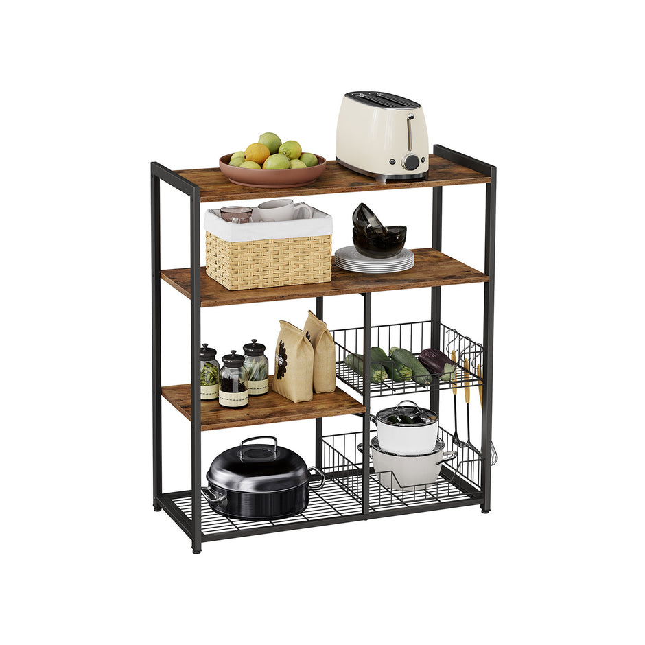 Baker's Rack – Metal – Rustic Brown – Includes 2 Mesh Baskets, Shelves, and Hooks