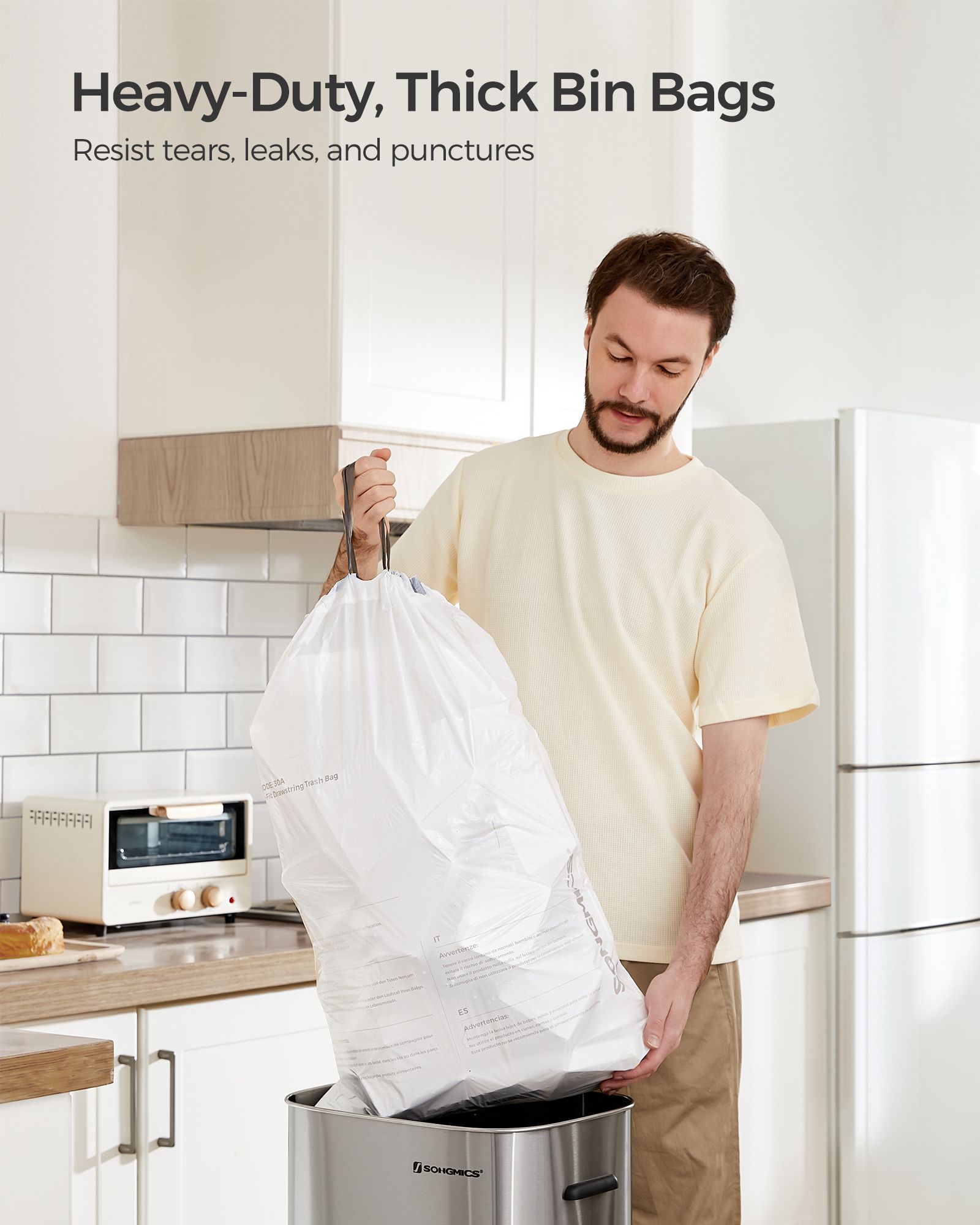 Heavy-Duty Drawstring Bin Bags – Plastic – White – Watertight, 180 Pieces (8-Gallon / 30L)