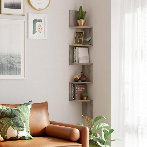 Floating Wall Shelf – Wooden – Greige – 5-Tier Zigzag Design