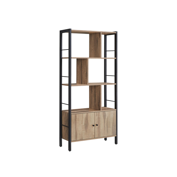 Large Bookcase – Steel – Rustic Brown and Black – Industrial Style with Doors and 4 Shelves