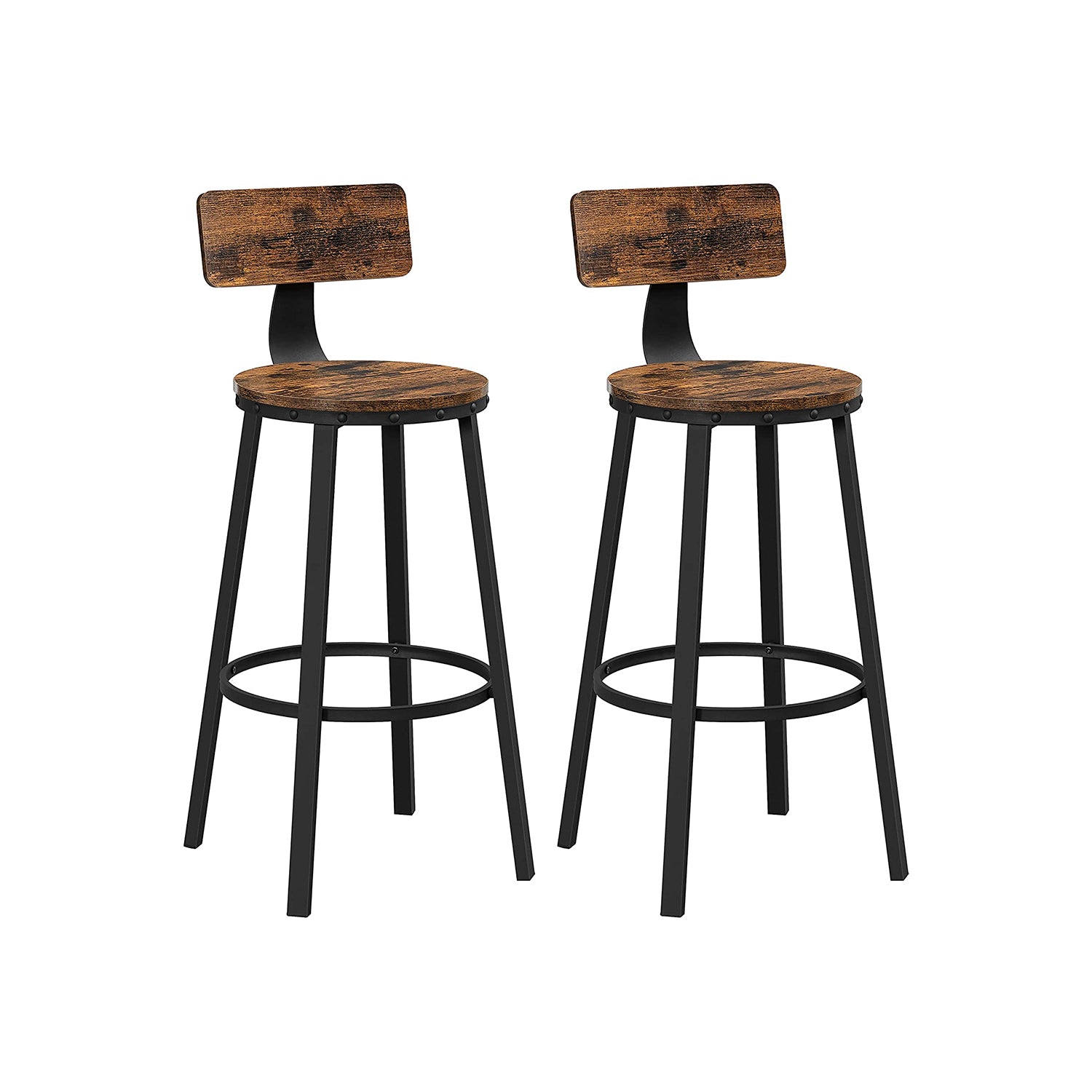 Set of 2 Industrial Bar Stools – Steel – Rustic Brown and Black – Backrests, Heavy-Duty Frame