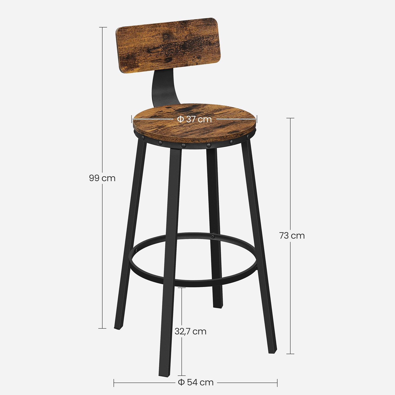 Set of 2 Industrial Bar Stools – Steel – Rustic Brown and Black – Backrests, Heavy-Duty Frame