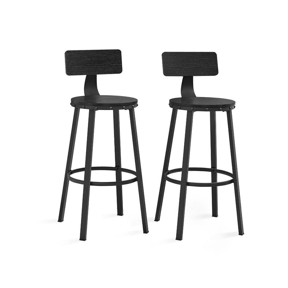 Set of 2 Industrial Bar Stools – Steel – Rustic Brown and Black – Backrests, Heavy-Duty Frame