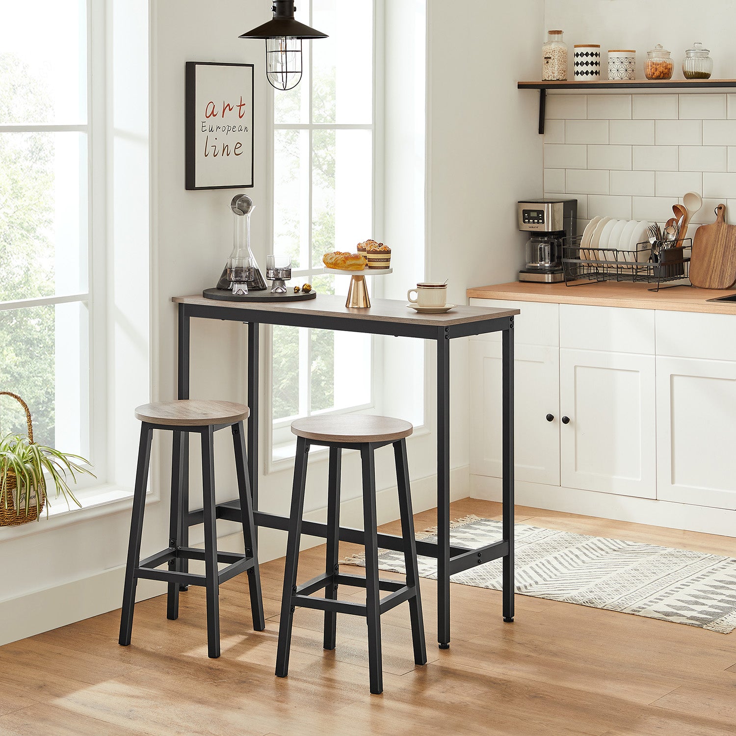 Set of 2 Kitchen Stools – Metal Frame – Greige and Black – Easy to Assemble