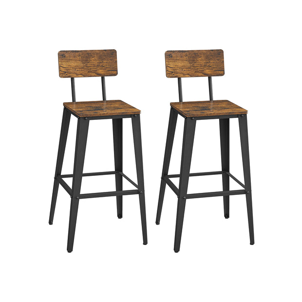 Industrial Steel Bar Stools Set of 2 – Steel – Rustic Brown and Black – Easy Assembly with Backrests