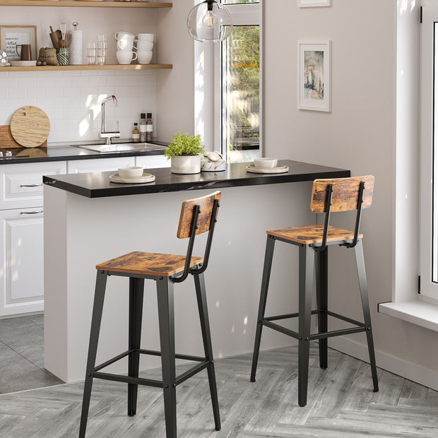 Industrial Steel Bar Stools Set of 2 – Steel – Rustic Brown and Black – Easy Assembly with Backrests