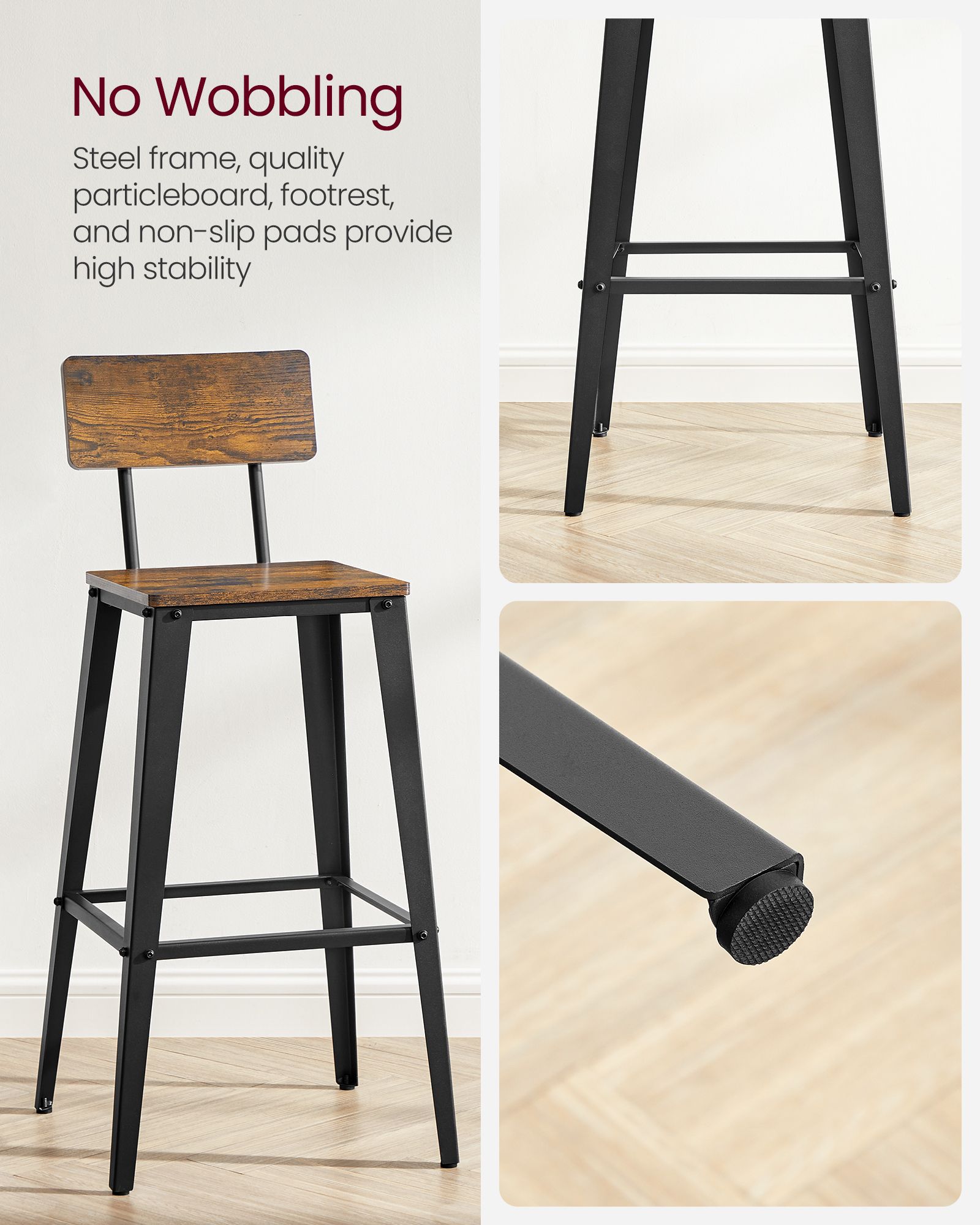 Industrial Steel Bar Stools Set of 2 – Steel – Rustic Brown and Black – Easy Assembly with Backrests