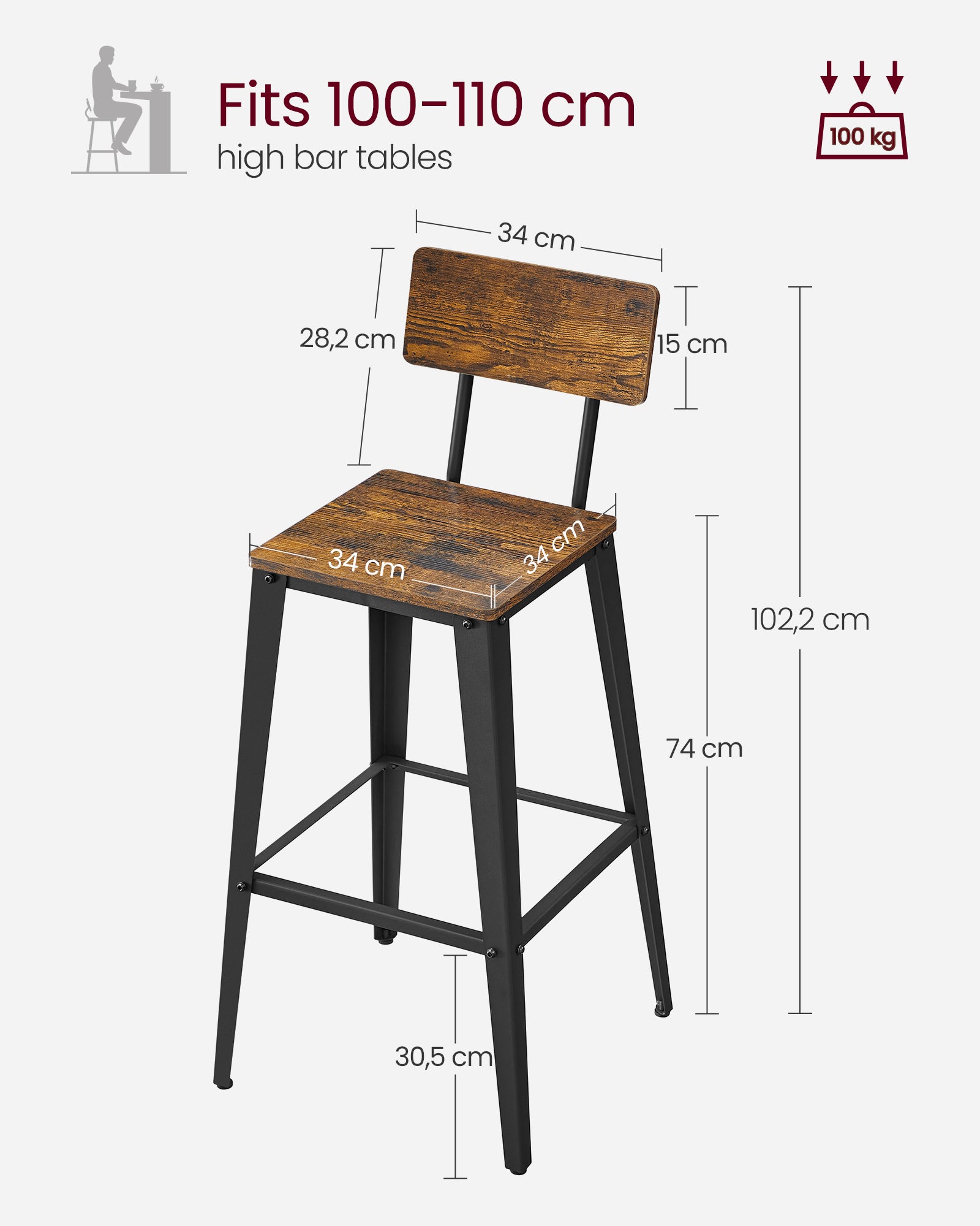 Industrial Steel Bar Stools Set of 2 – Steel – Rustic Brown and Black – Easy Assembly with Backrests