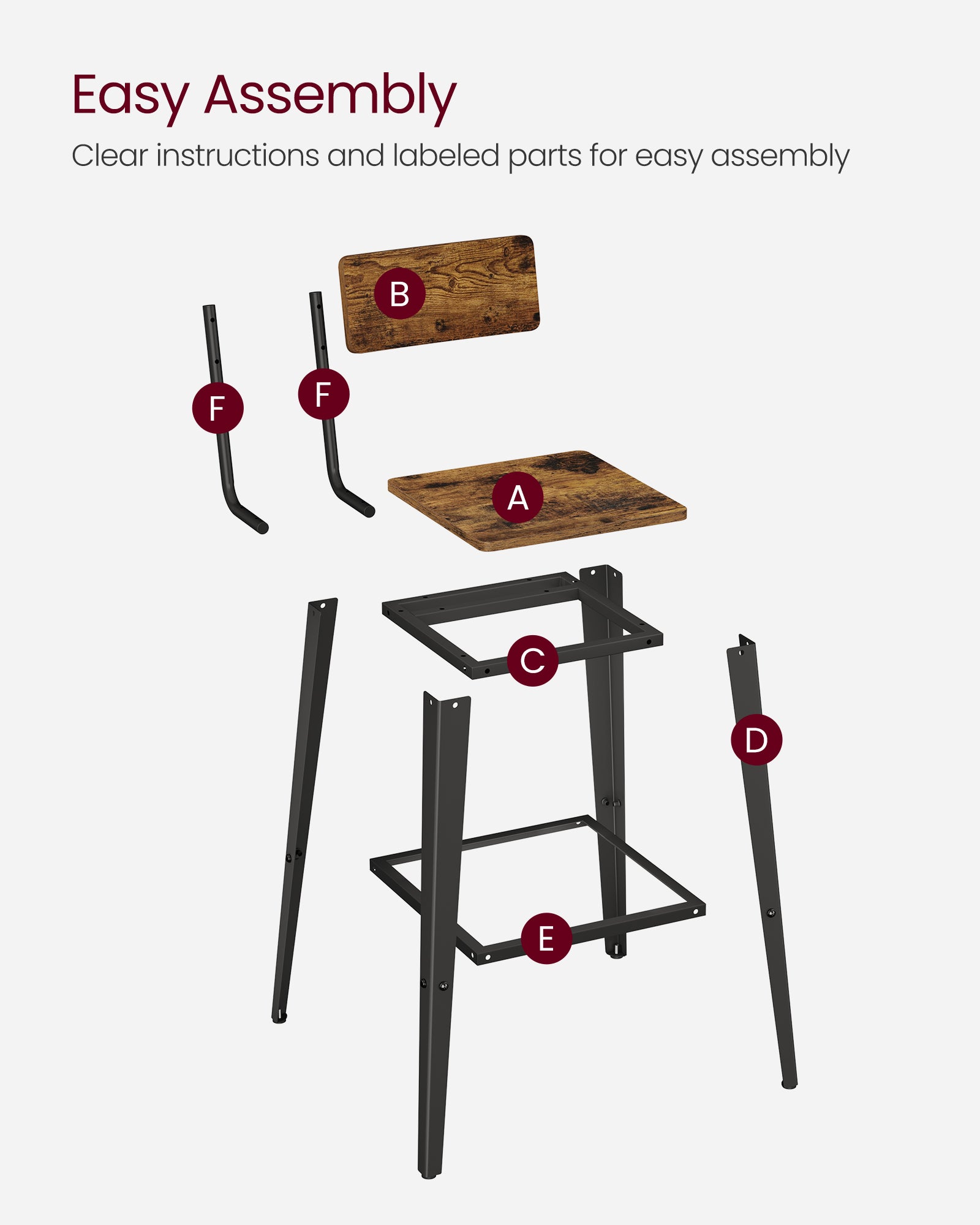 Industrial Steel Bar Stools Set of 2 – Steel – Rustic Brown and Black – Easy Assembly with Backrests