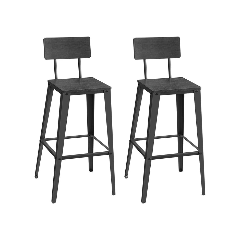Industrial Steel Bar Stools Set of 2 – Steel – Rustic Brown and Black – Easy Assembly with Backrests