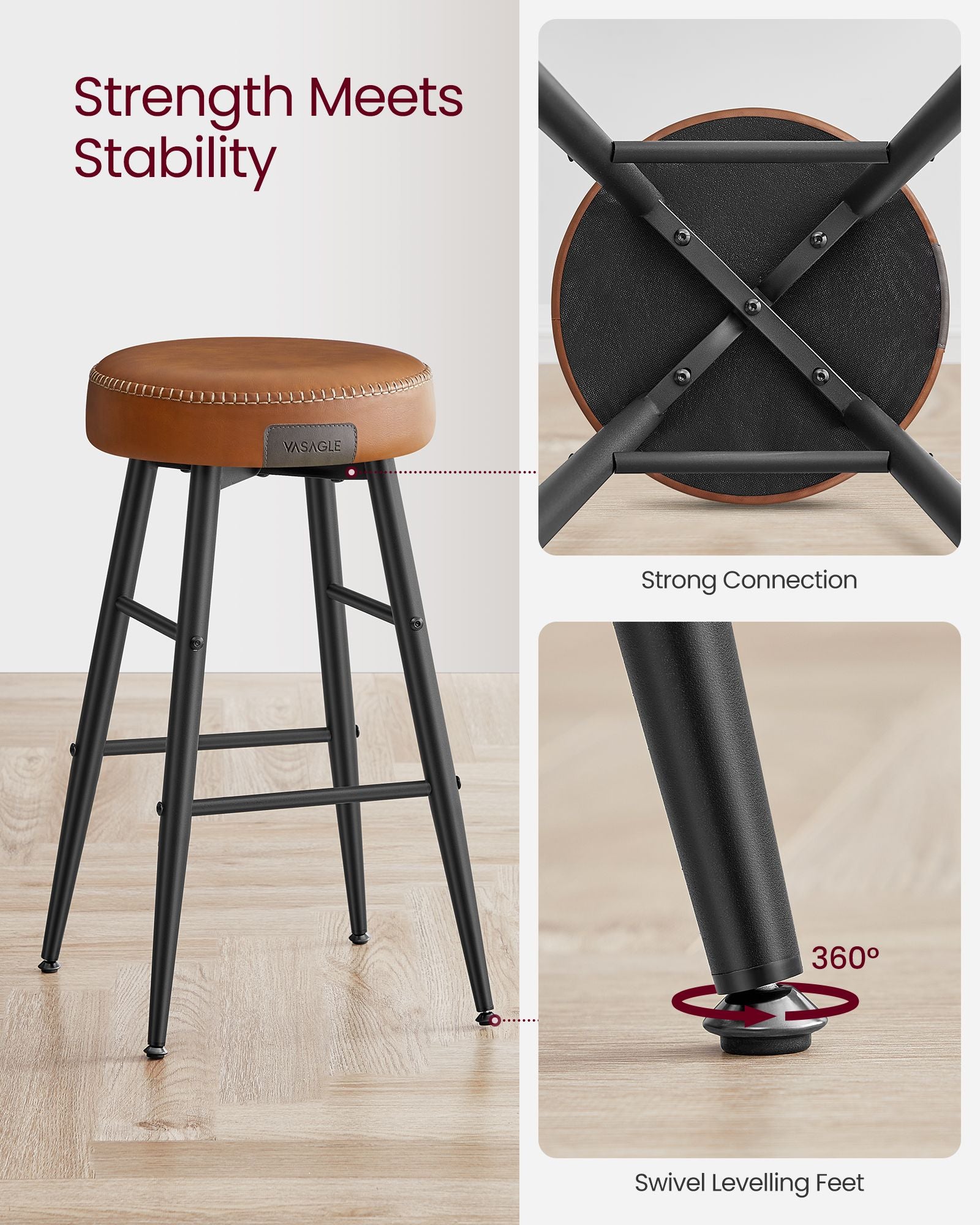 Bar Stools Set of 2 – Synthetic Leather – Black – 63 cm Tall with Easy Assembly