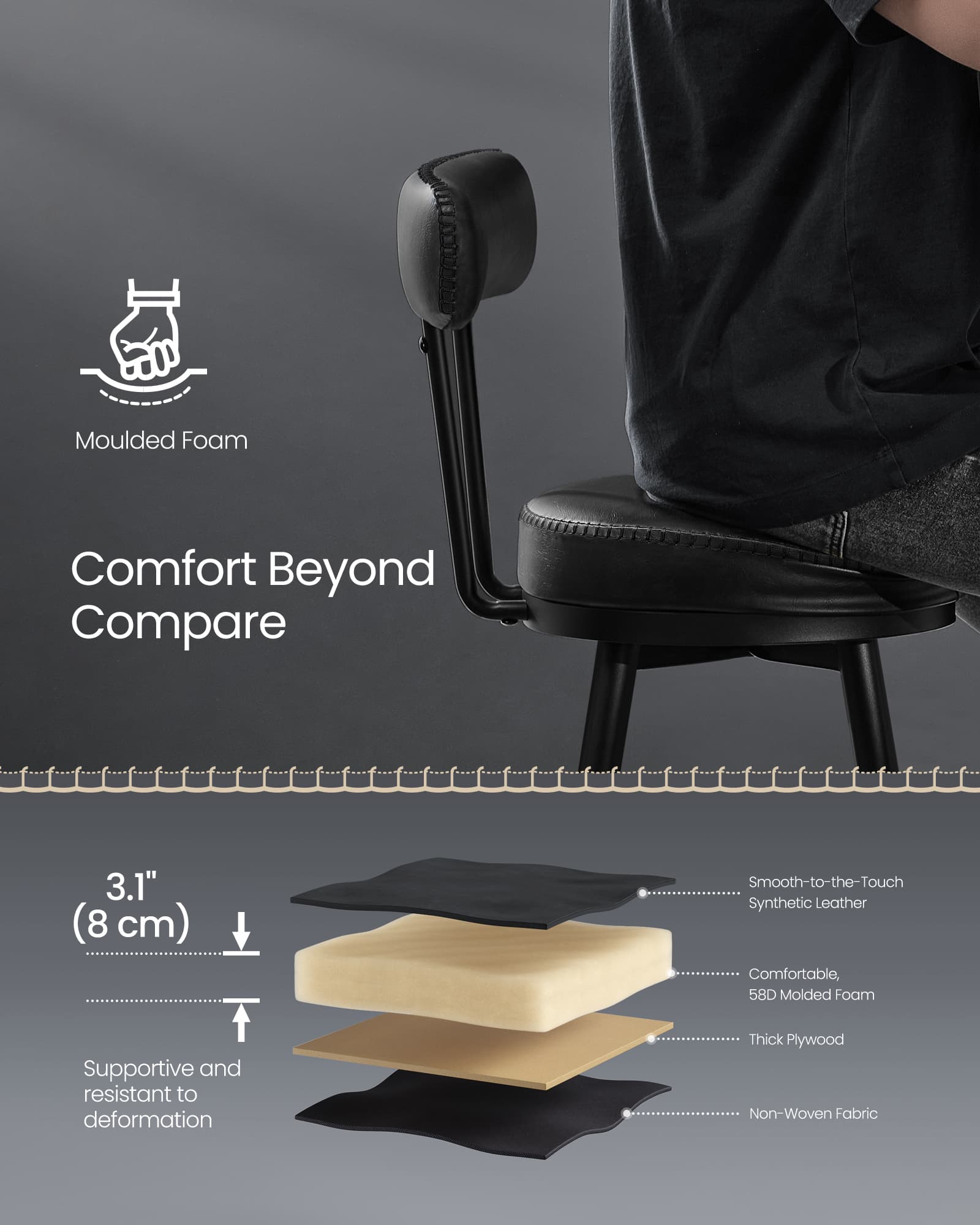 Swivel Bar Stools Set of 2 – Synthetic Leather – Caramel Brown – 360° Design