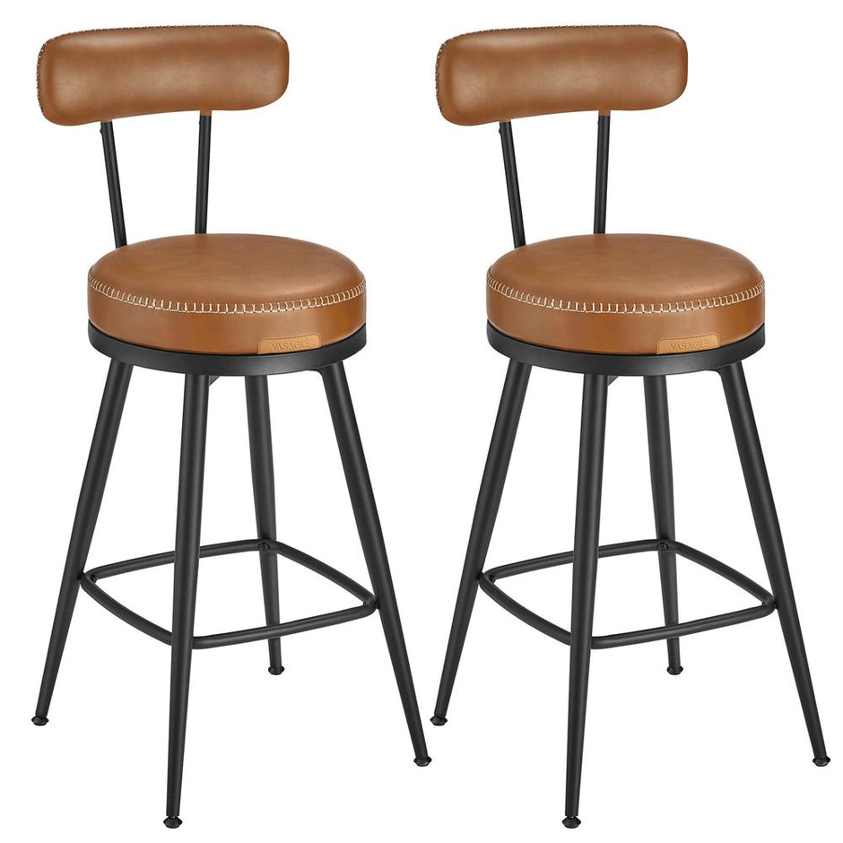 Swivel Bar Stools Set of 2 – Synthetic Leather – Caramel Brown – 360° Design