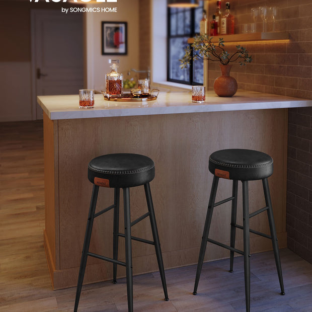 Bar Stools Set of 2 – Synthetic Leather – Black – 63 cm Tall with Easy Assembly