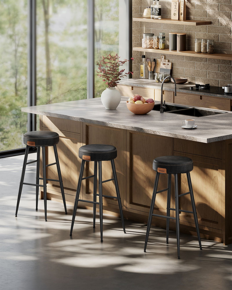 Bar Stools Set of 2 – Synthetic Leather – Black – 63 cm Tall with Easy Assembly