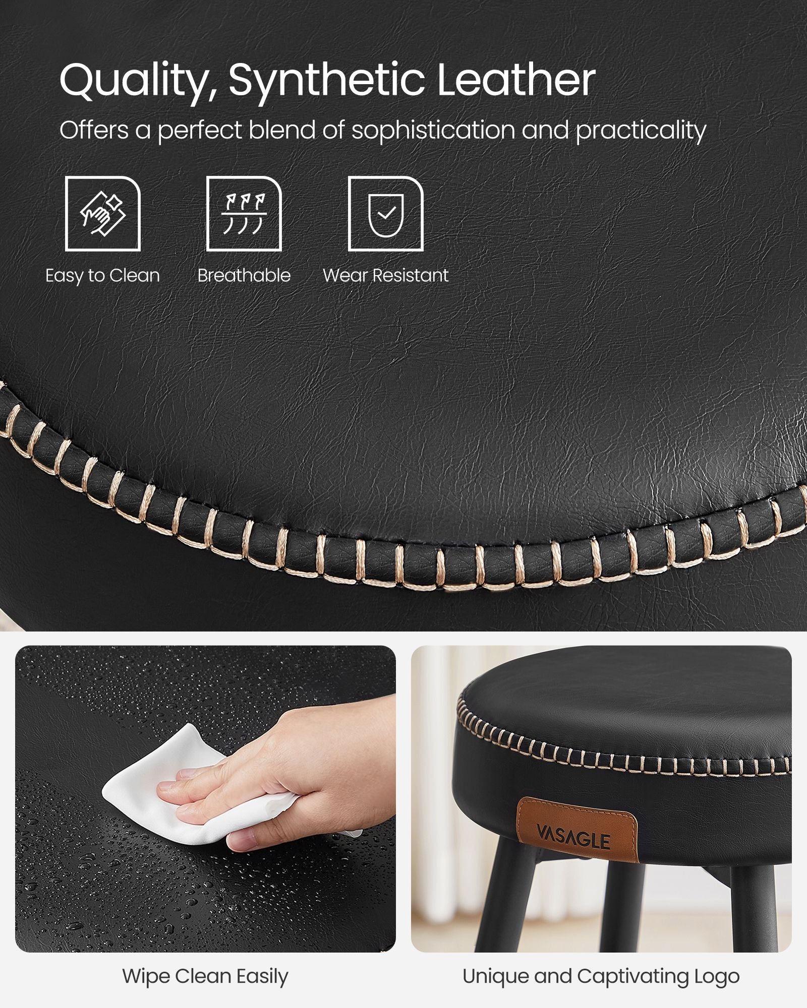 Bar Stools Set of 2 – Synthetic Leather – Black – 63 cm Tall with Easy Assembly