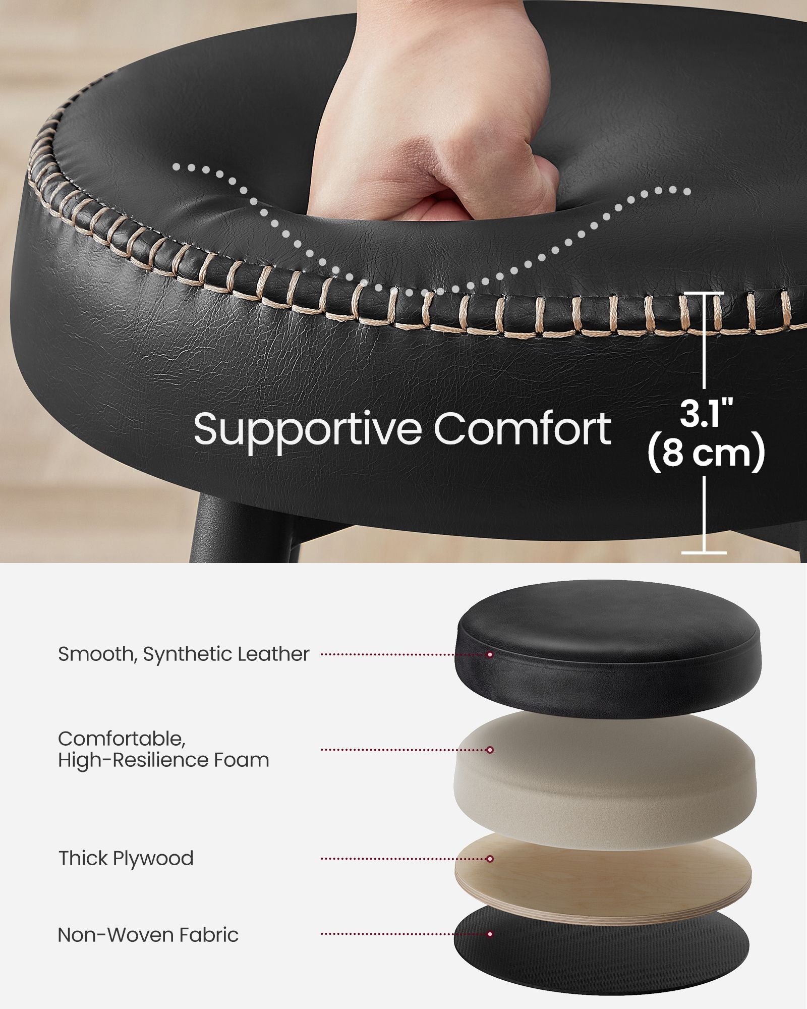 Bar Stools Set of 2 – Synthetic Leather – Black – 63 cm Tall with Easy Assembly