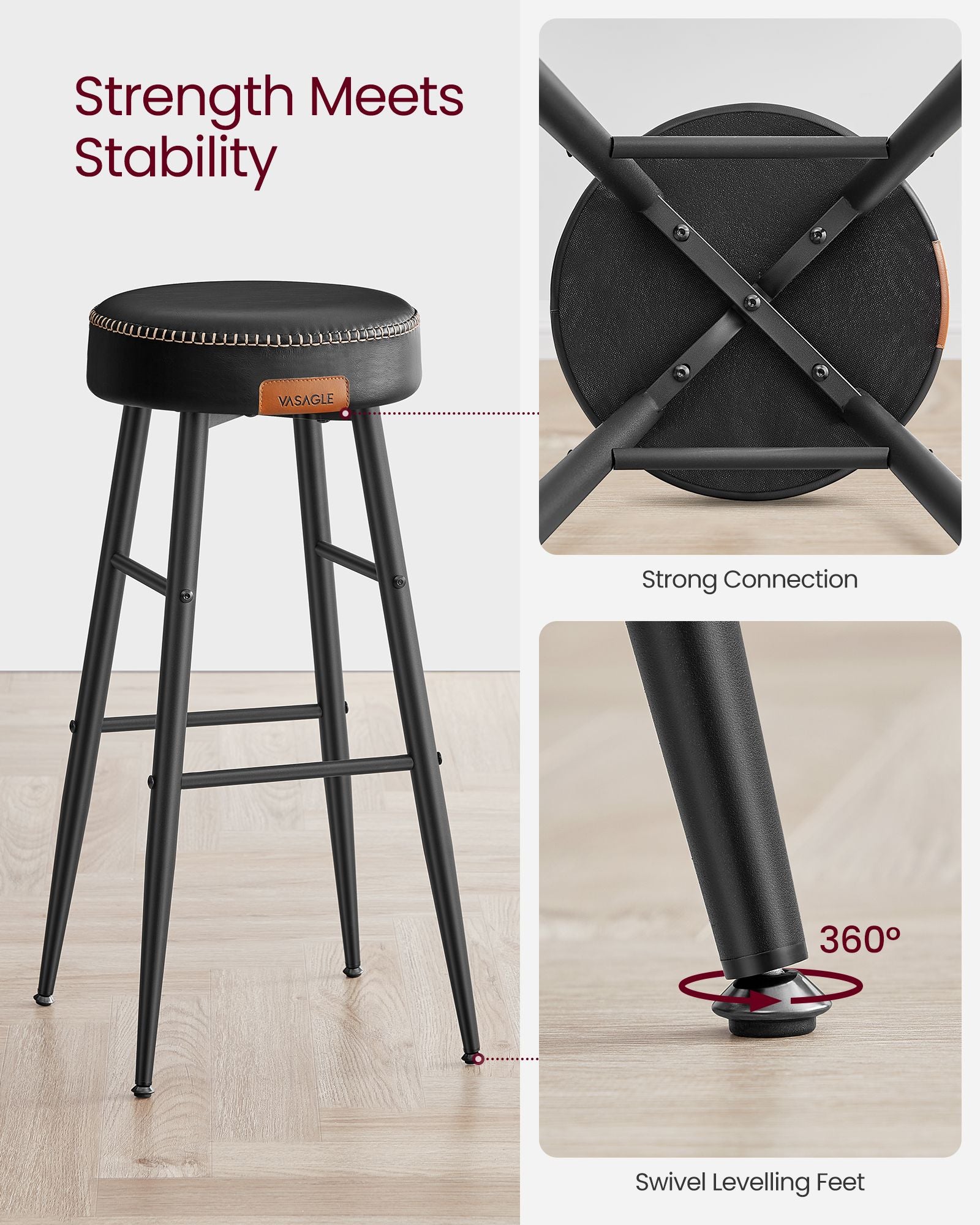 Bar Stools Set of 2 – Synthetic Leather – Black – 63 cm Tall with Easy Assembly