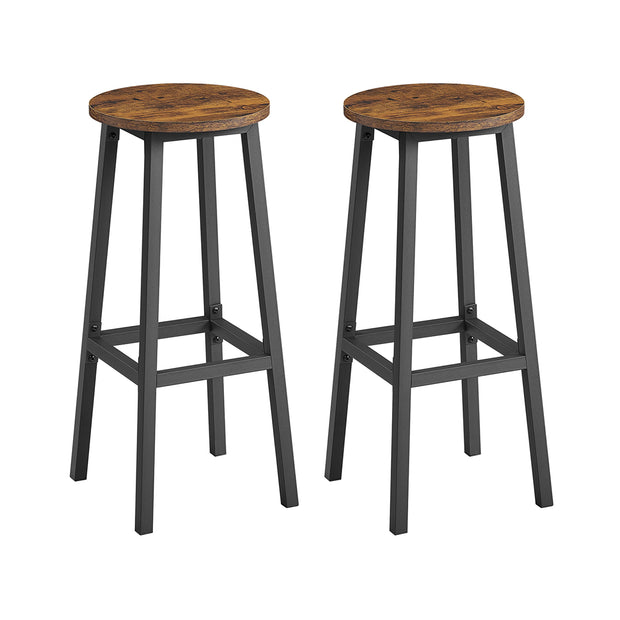 Bar Stools Set of 2 – Metal Frame – Rustic Brown and Black – 74 cm High with Footrest