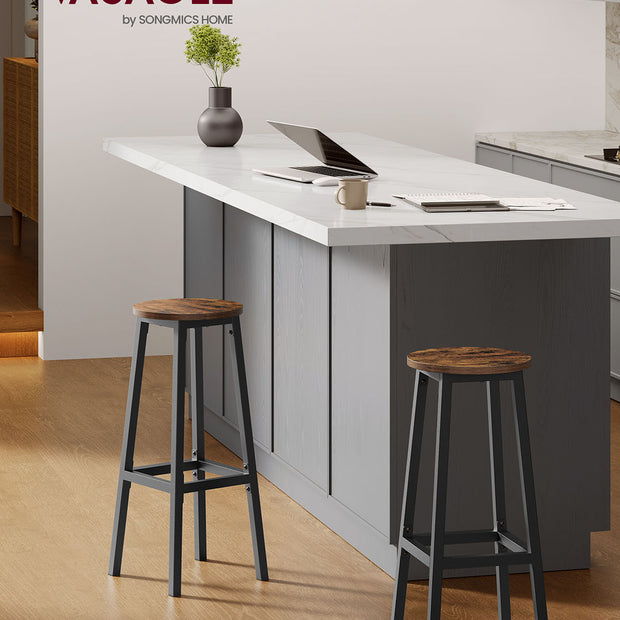 Bar Stools Set of 2 – Metal Frame – Rustic Brown and Black – 74 cm High with Footrest