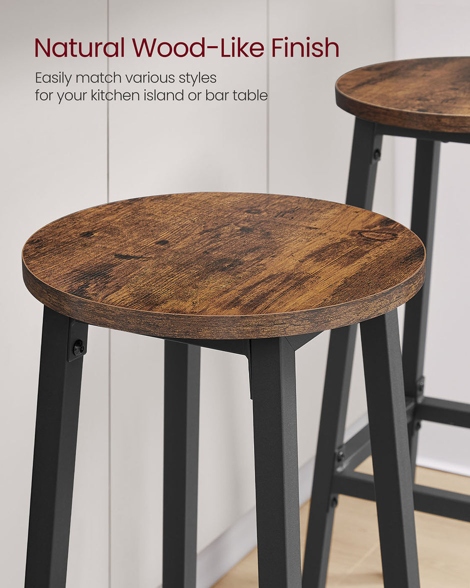 Bar Stools Set of 2 – Metal Frame – Rustic Brown and Black – 74 cm High with Footrest