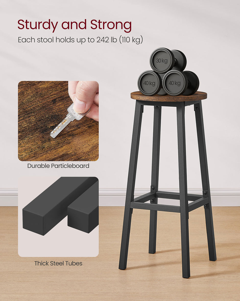 Bar Stools Set of 2 – Metal Frame – Rustic Brown and Black – 74 cm High with Footrest