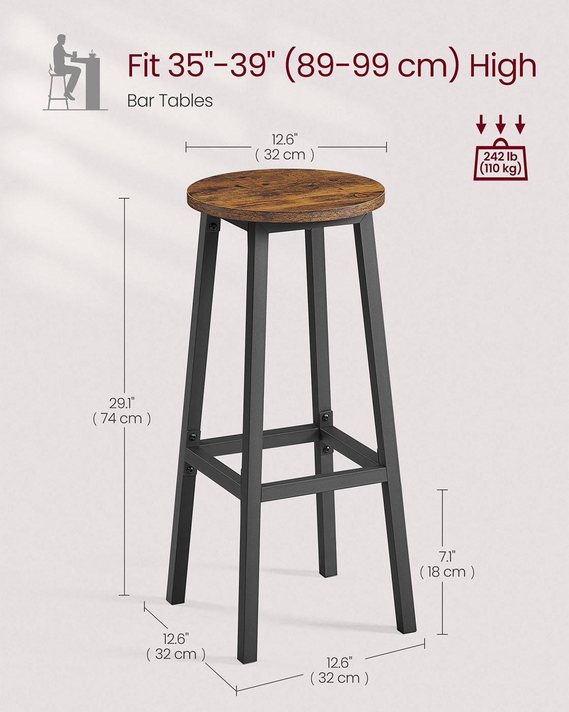 Bar Stools Set of 2 – Metal Frame – Rustic Brown and Black – 74 cm High with Footrest