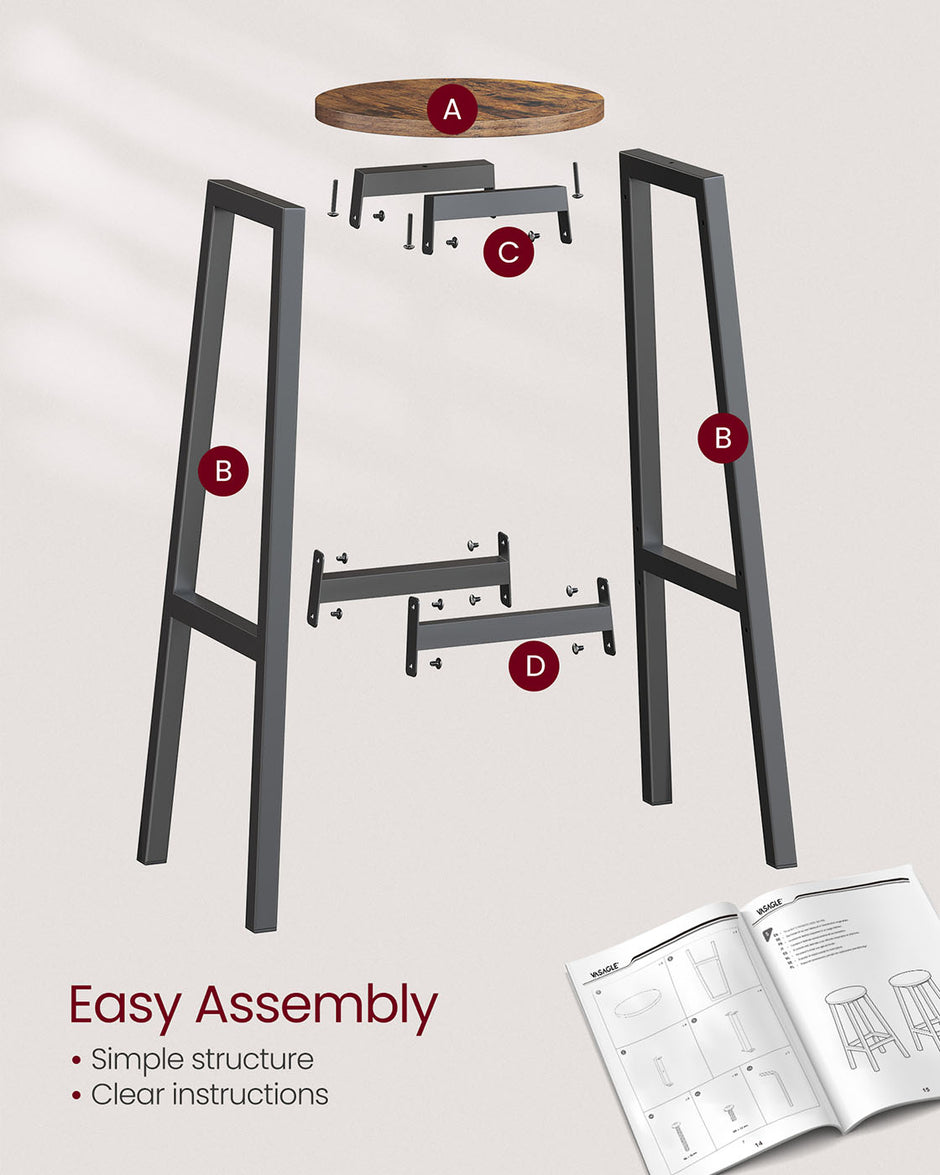 Bar Stools Set of 2 – Metal Frame – Rustic Brown and Black – 74 cm High with Footrest