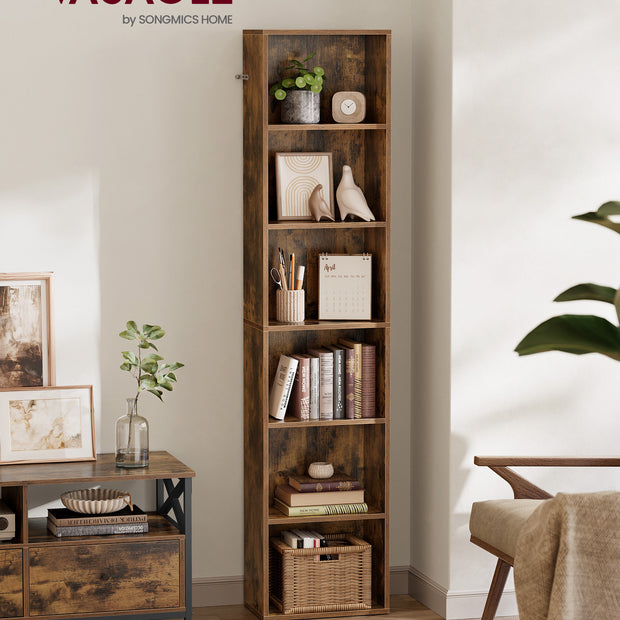 Bookshelf – Metal and Wood – Rustic Brown – 6 Adjustable Shelves