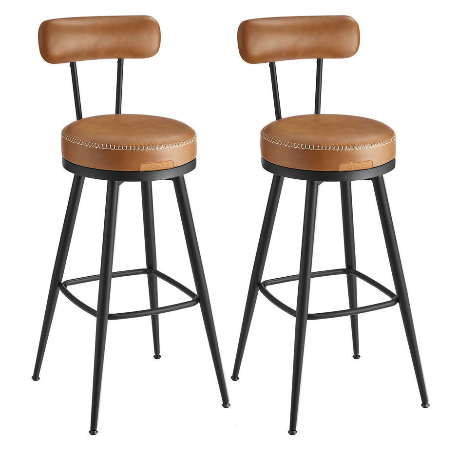 Bar Stools – Synthetic Leather – Caramel Brown – 360° Swivel, Set of 2