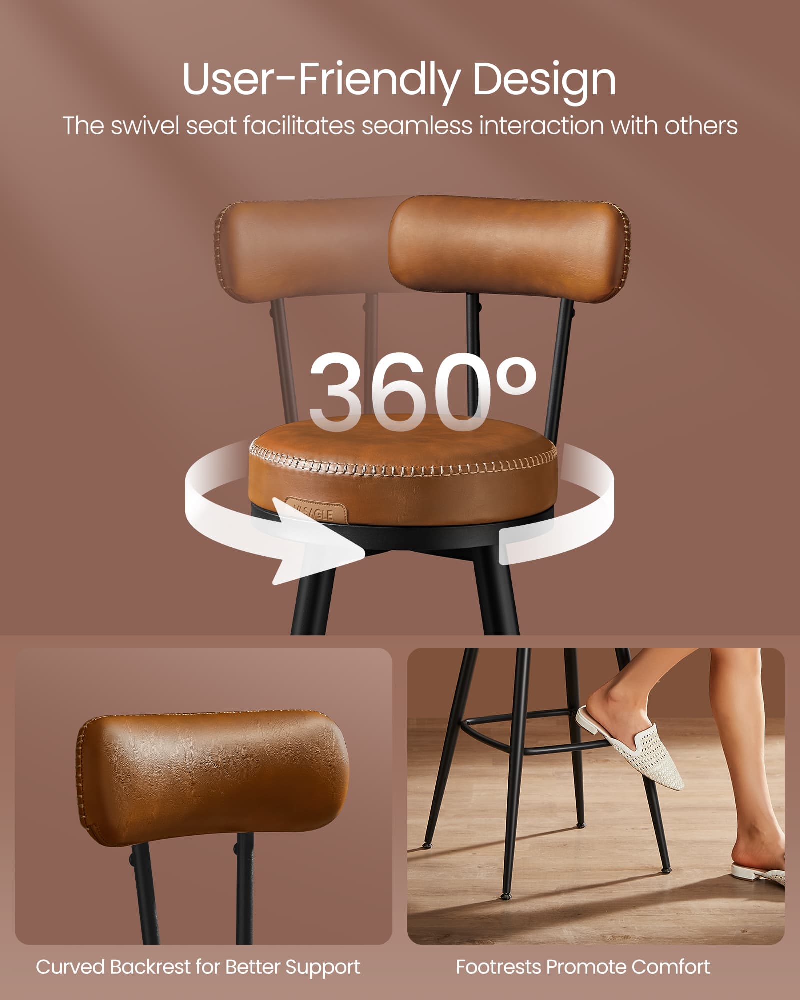 Bar Stools – Synthetic Leather – Caramel Brown – 360° Swivel, Set of 2