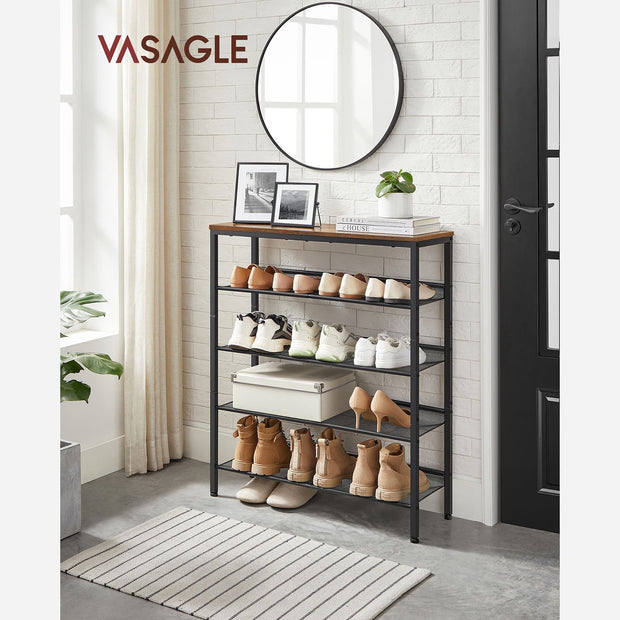 5-Tier Steel Shoe Rack – Rustic Brown & Black – Space-Saving Design with Mesh Shelves and Wide Top Storage