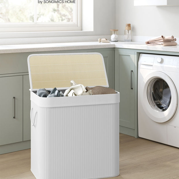 Laundry Hamper Basket – Fabric – Cloud White – 150L, Foldable with 3 Sections and Clip-on Lid