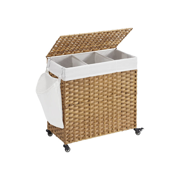 Laundry Hamper – Rattan-Style – Natural – 3 Compartments with Removable Liner