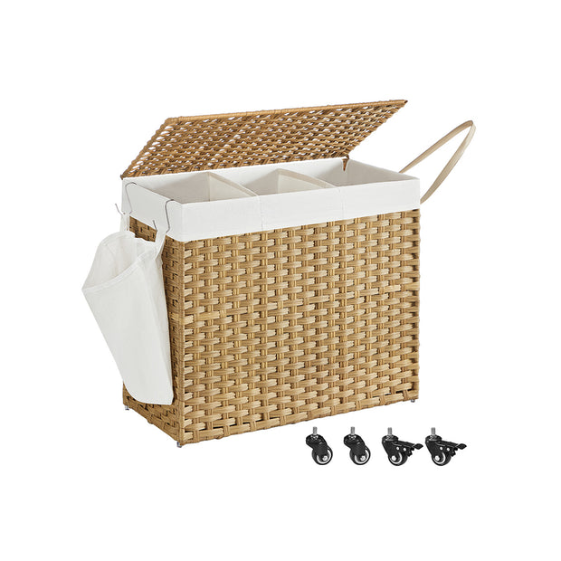 Rolling Laundry Hamper – Synthetic Rattan – Natural – 3 Compartments with Removable Liner and Wheels