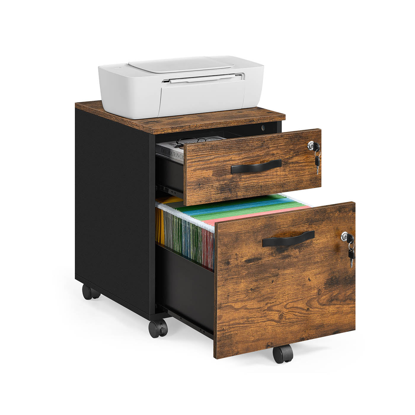 Rolling Filing Cabinet – Wood – Rustic Brown and Ink Black – Lockable with 2 Drawers and Adjustable Hanging Rails