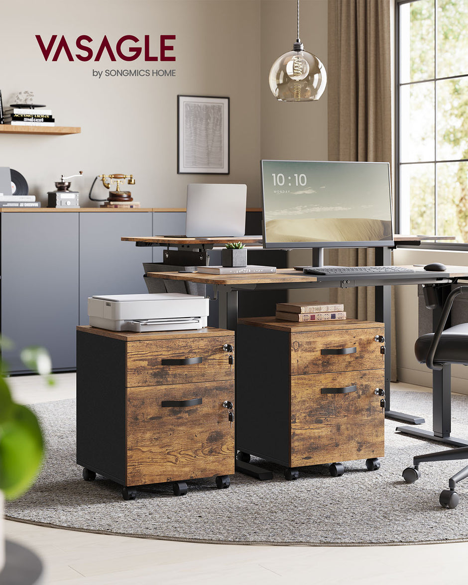 Rolling Filing Cabinet – Wood – Rustic Brown and Ink Black – Lockable with 2 Drawers and Adjustable Hanging Rails
