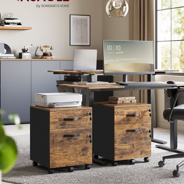 Rolling Filing Cabinet – Wood – Rustic Brown and Ink Black – Lockable with 2 Drawers and Adjustable Hanging Rails
