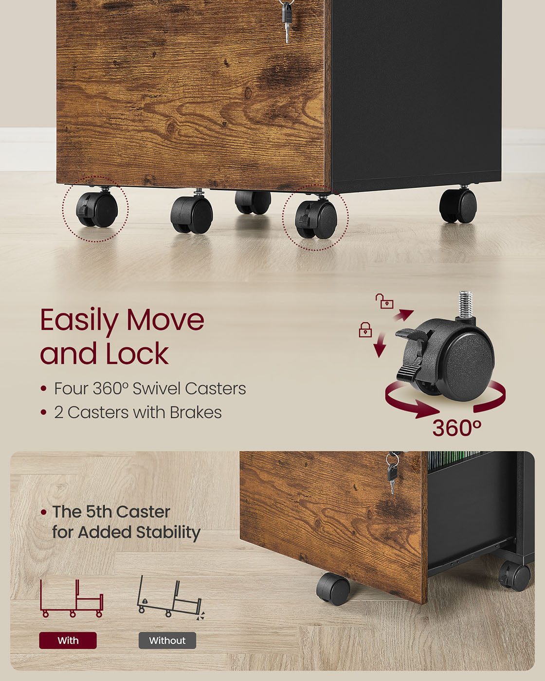 Rolling Filing Cabinet – Wood – Rustic Brown and Ink Black – Lockable with 2 Drawers and Adjustable Hanging Rails