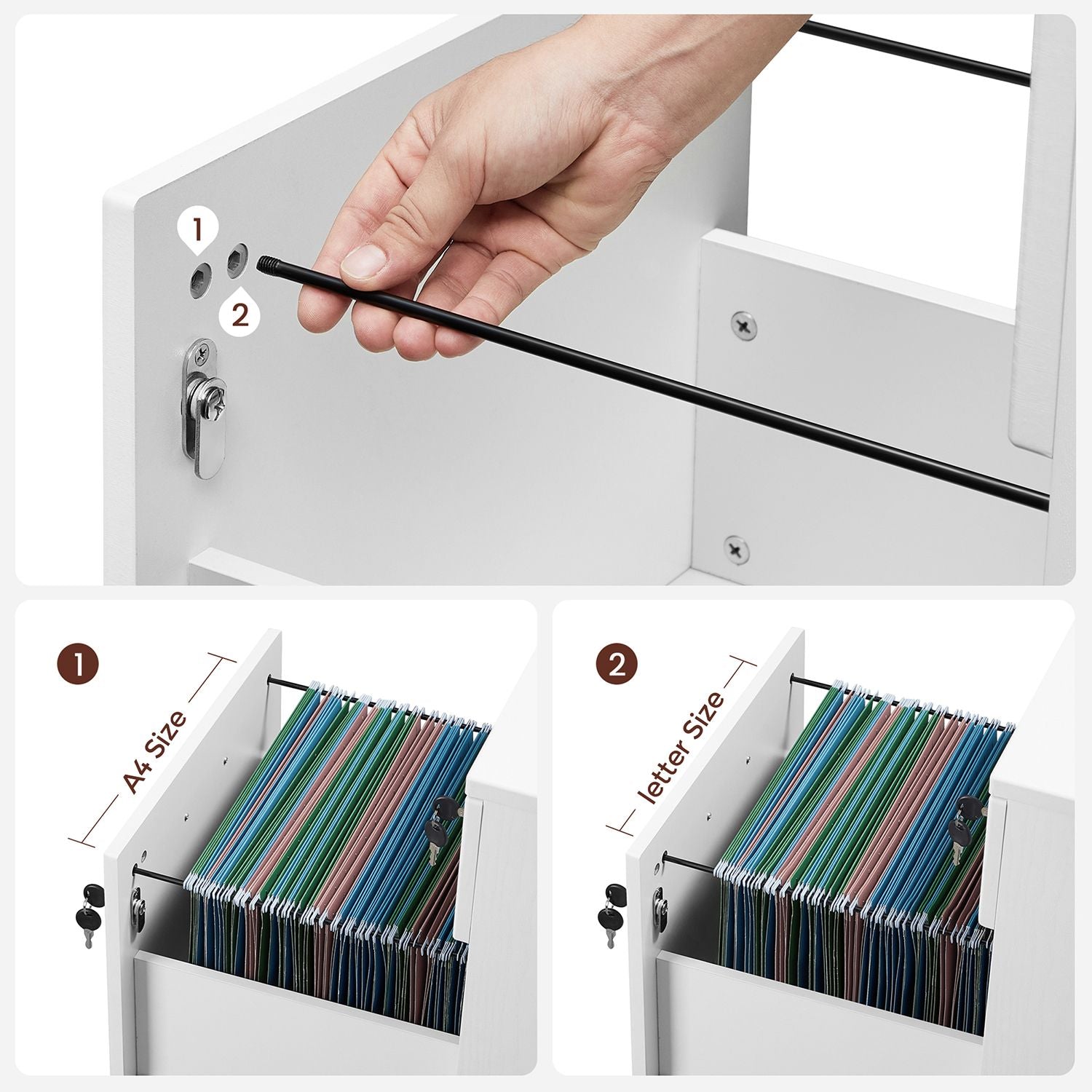 Lockable File Cabinet – Wood – White – 2 Drawers with Wheels and Adjustable Hanging Rails