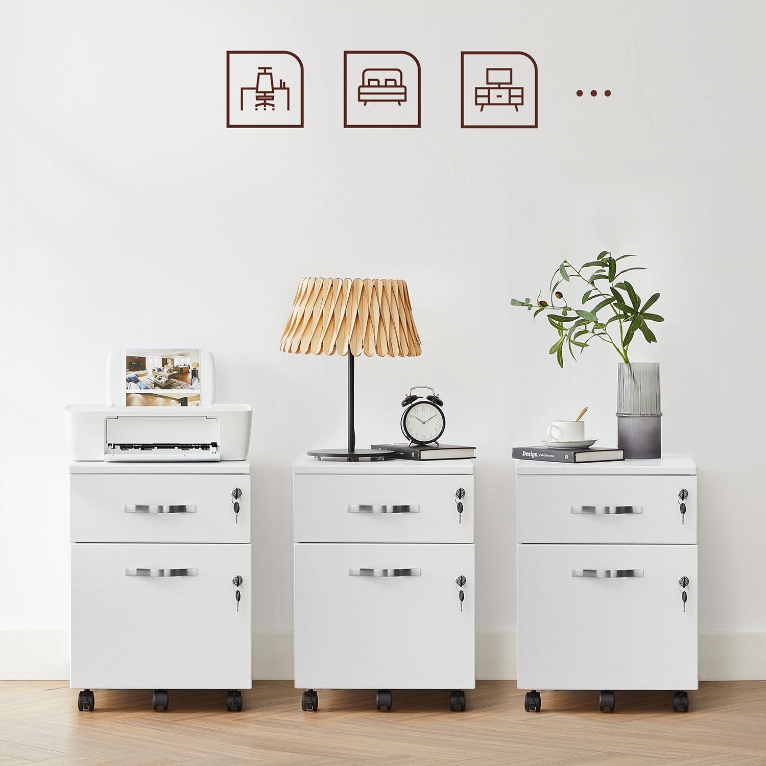 Lockable File Cabinet – Wood – White – 2 Drawers with Wheels and Adjustable Hanging Rails