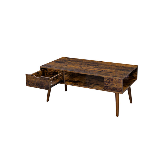 Coffee Table – Wood – Rustic Brown – Storage Drawer and Open Compartment