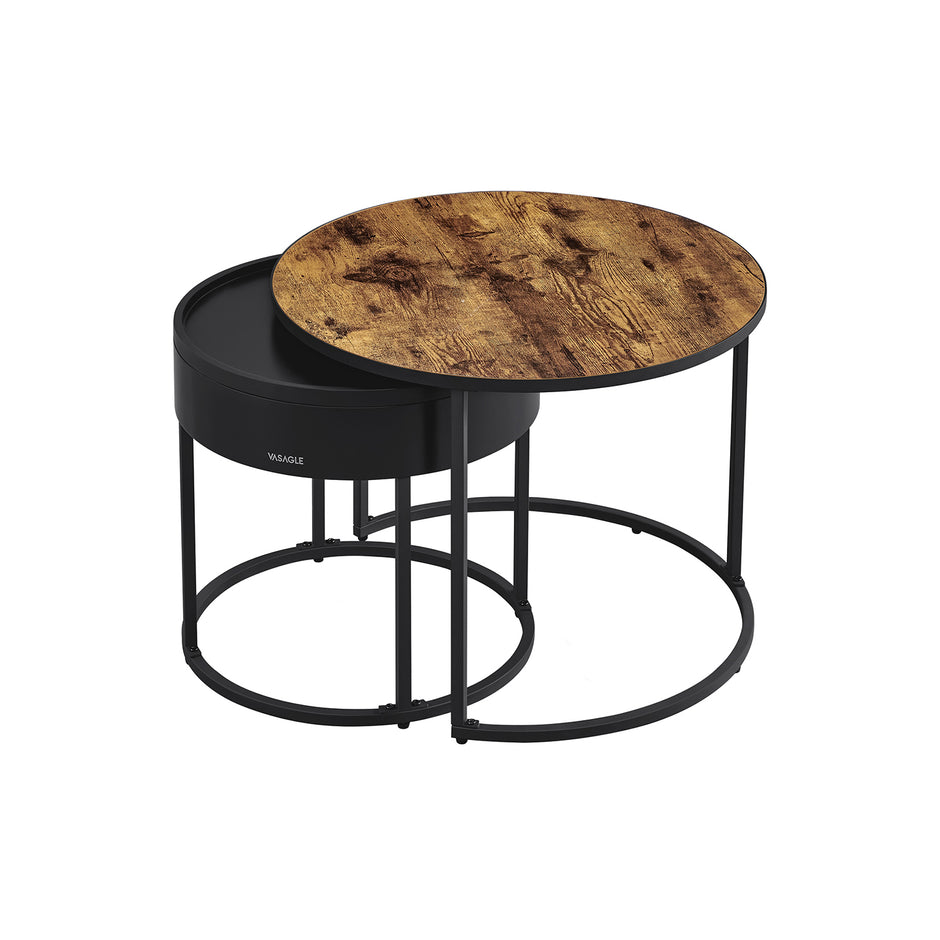 Set of 2 Round Nesting Tables – Wood – Rustic Brown and Ink Black – Hidden Storage and Top Tray