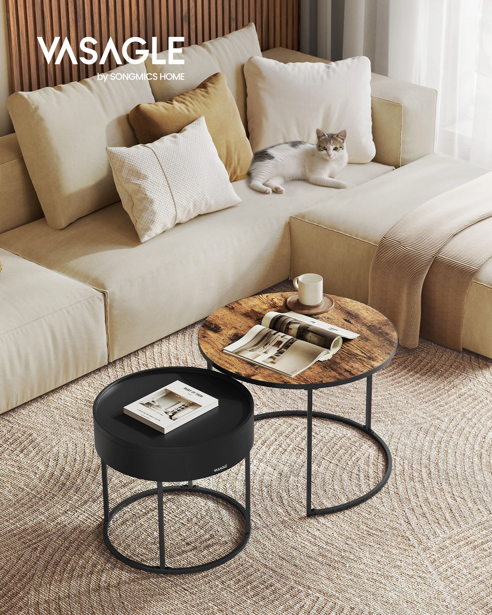 Set of 2 Round Nesting Tables – Wood – Rustic Brown and Ink Black – Hidden Storage and Top Tray
