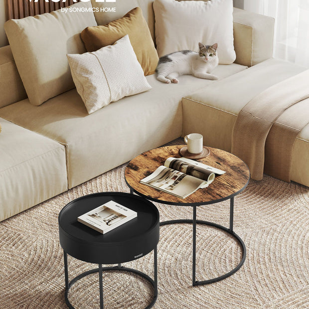 Set of 2 Round Nesting Tables – Wood – Rustic Brown and Ink Black – Hidden Storage and Top Tray